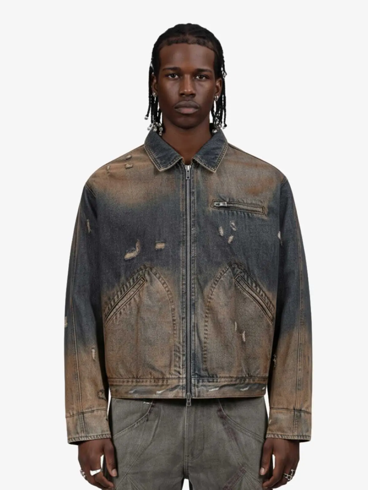 Vintage Washed Distressed Denim Zip Up Jacket