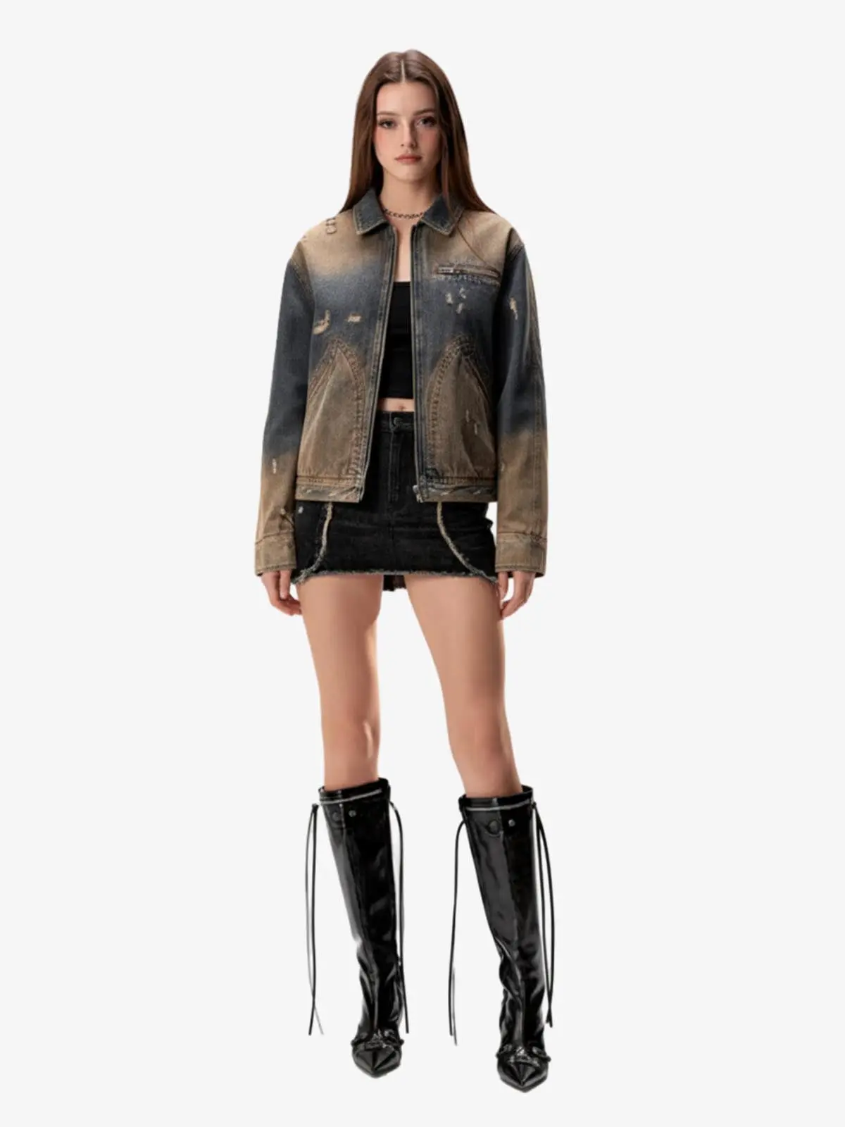Vintage Washed Distressed Denim Zip Up Jacket - Image 6