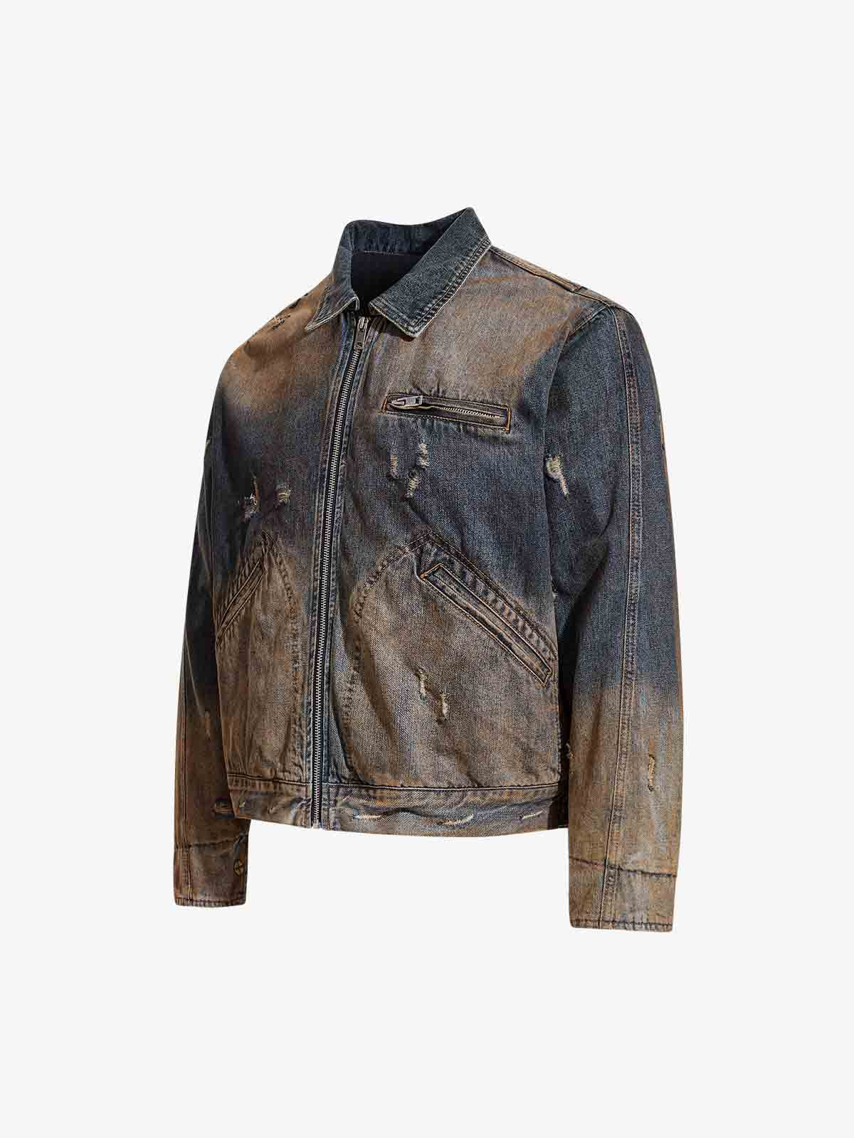Vintage Washed Distressed Denim Zip Up Jacket - Image 9