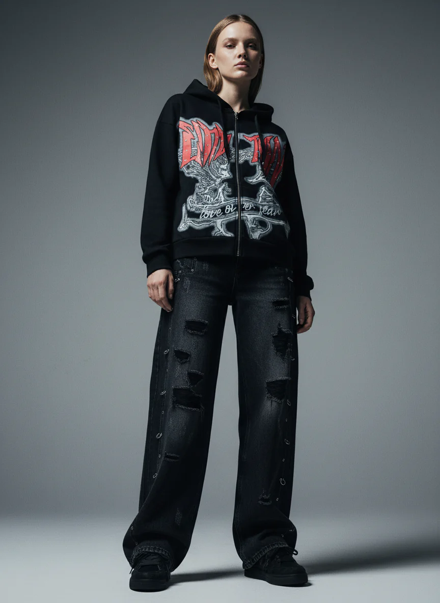 Vintage Washed Distressed Metal Ring Baggy Jeans - Image 4