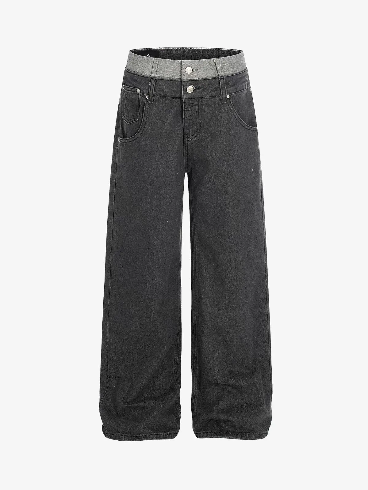 Vintage Washed Layered Waist Wide Leg Denim Jeans