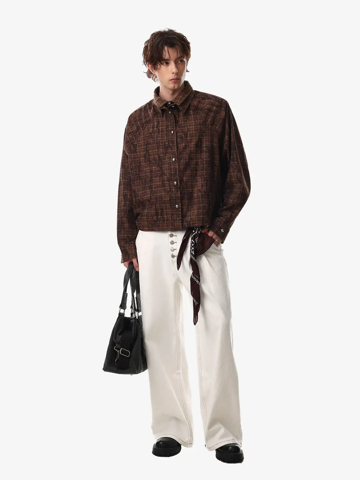 Vintage Washed Plaid Cropped Shirt Jacket - Image 3