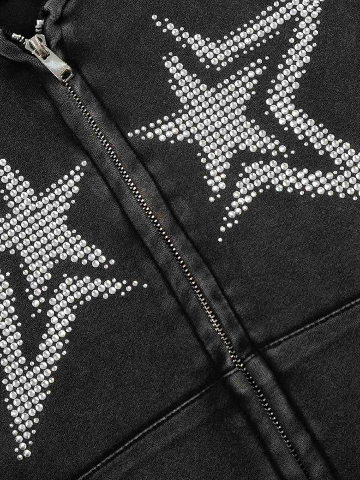 Vintage Washed Symmetrical Star Rhinestone Zip-Up Hoodie - Image 11