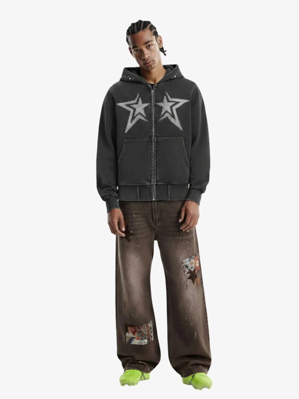 Vintage Washed Symmetrical Star Rhinestone Zip-Up Hoodie - Image 4
