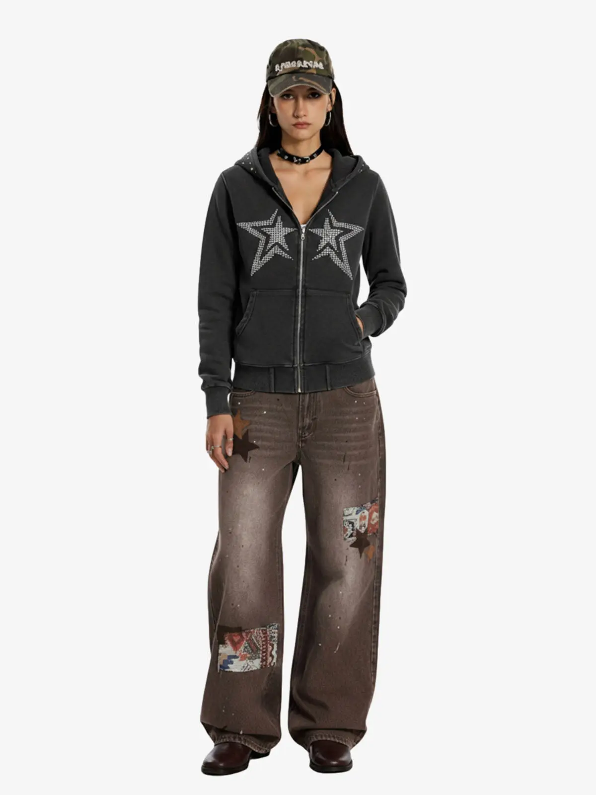 Vintage Washed Symmetrical Star Rhinestone Zip-Up Hoodie - Image 6