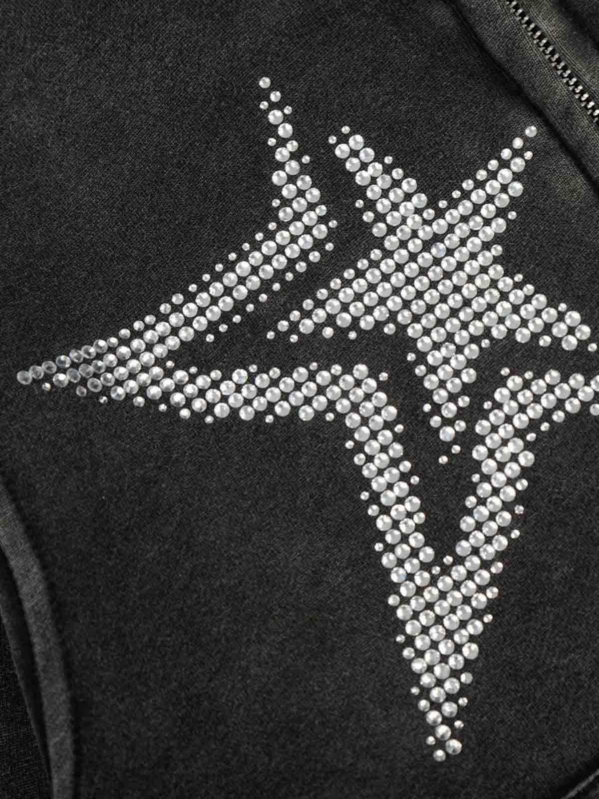 Vintage Washed Symmetrical Star Rhinestone Zip-Up Hoodie - Image 9