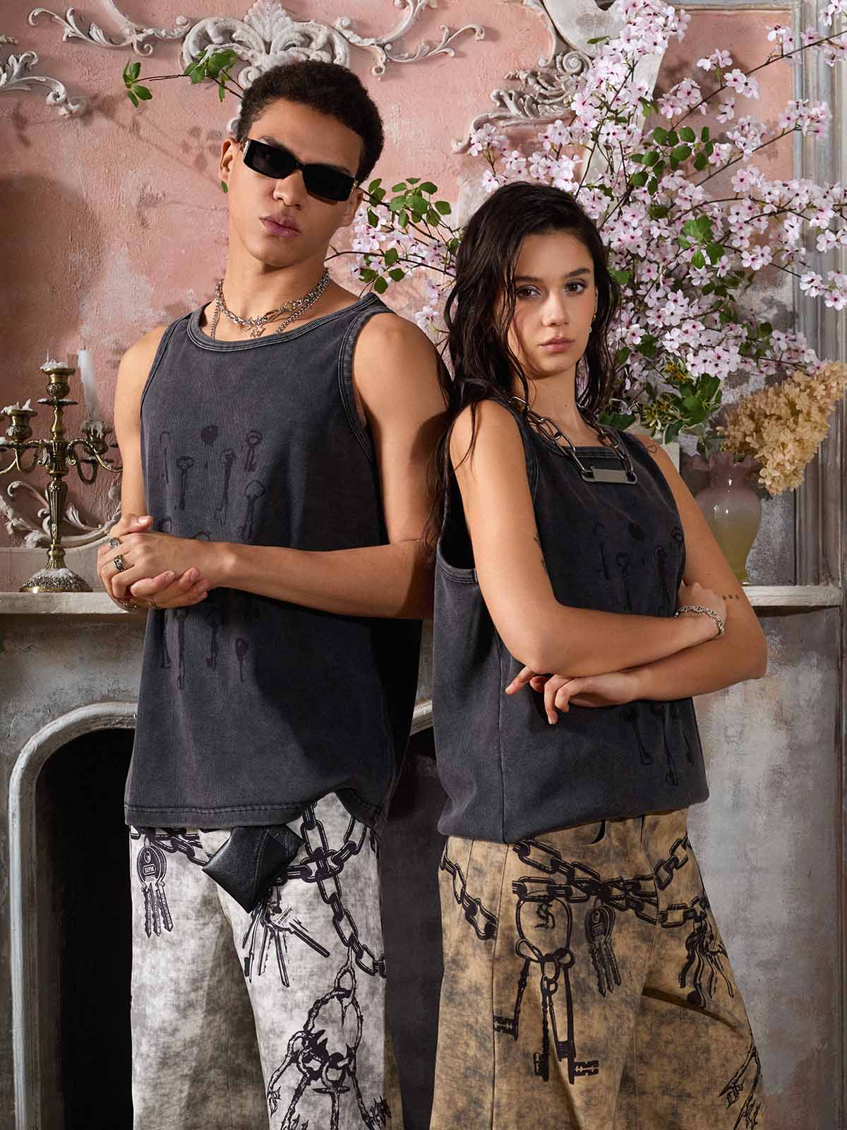Washed Distressed Key Print Vest - Image 11