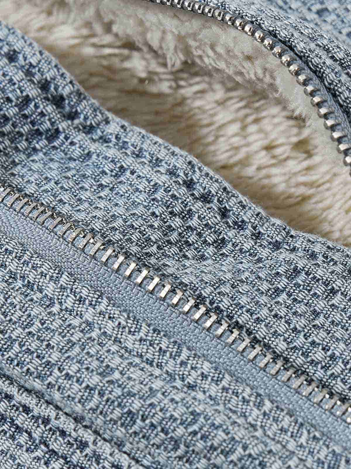 Washed Embroidered Fur-Lined Denim Bomber Jacket - Image 14