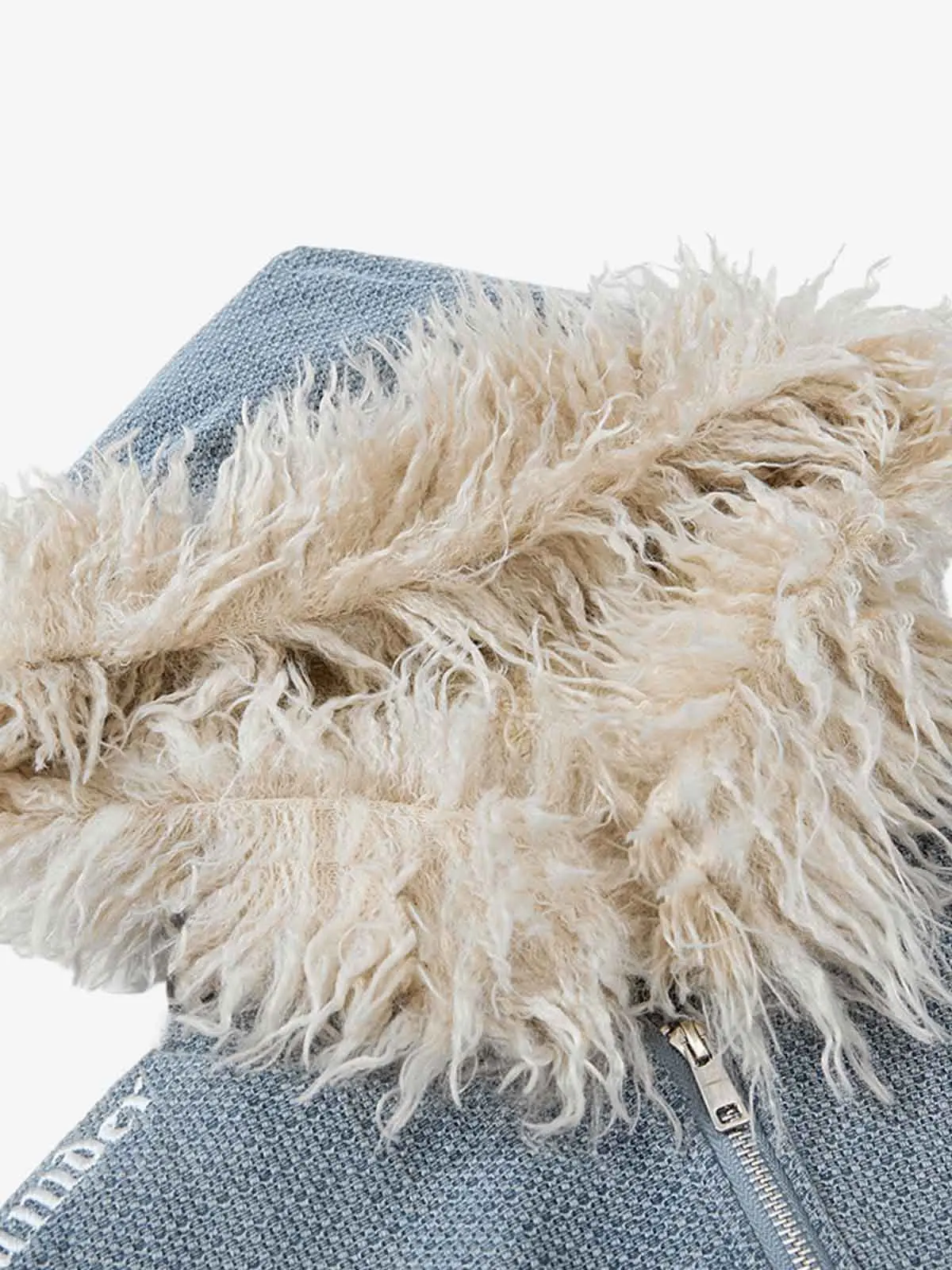 Washed Embroidered Fur-Lined Denim Bomber Jacket - Image 7