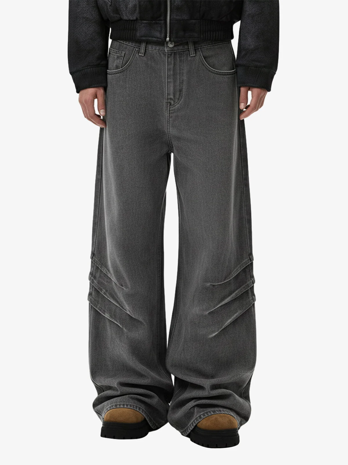 Washed Pleated Baggy Jeans