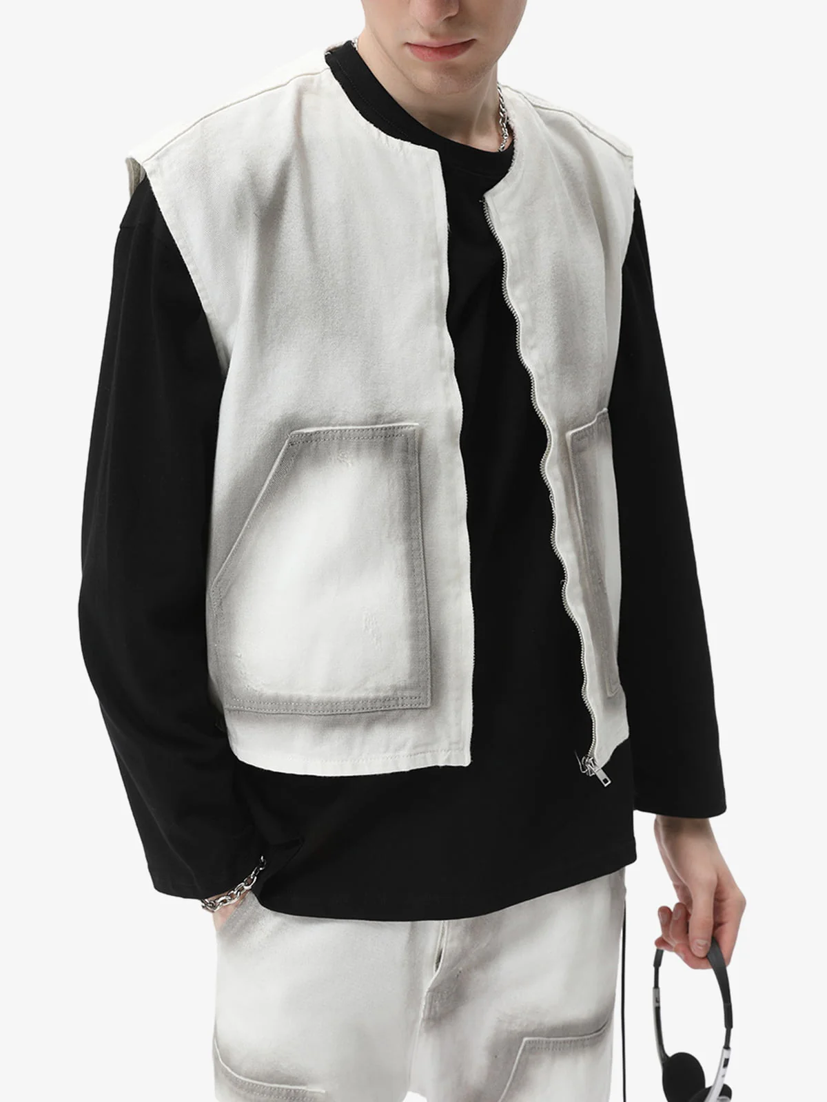 Washed Workwear Zip-Up Denim Vest